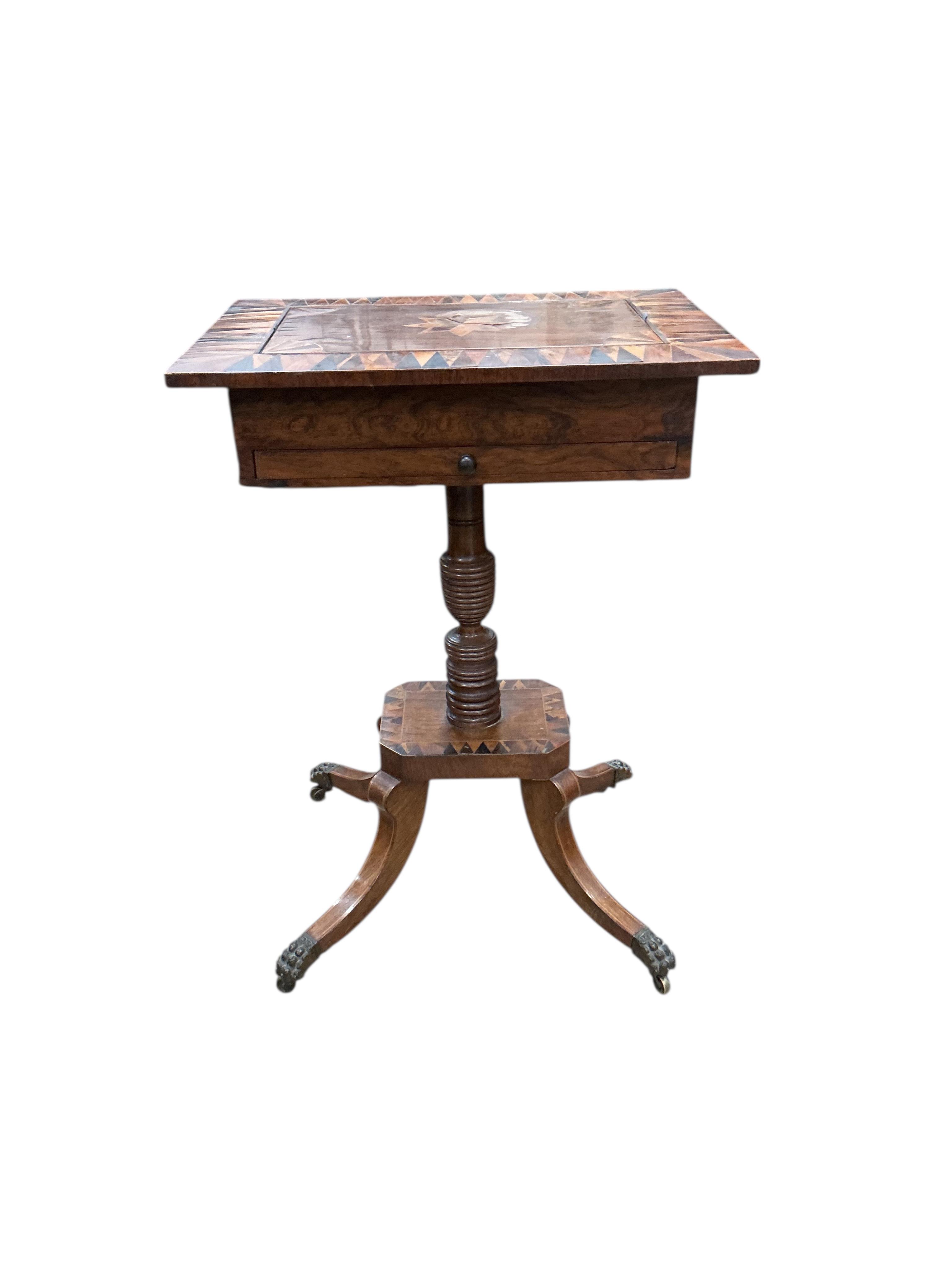A Regency parquetry inlaid rosewood work table, width 49cm, depth 36cm, height 69cm